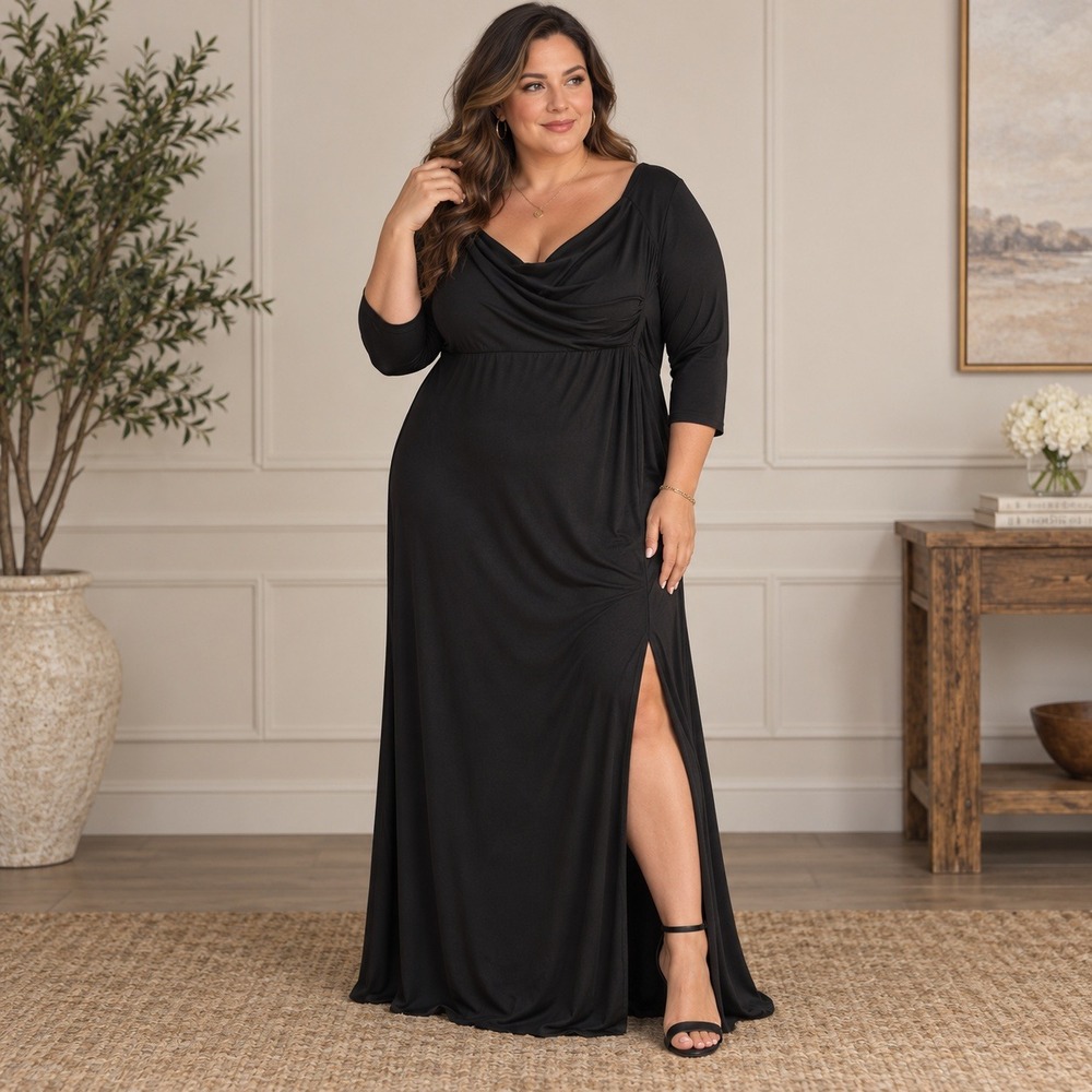 Black Cowl Neck Maxi Dress 3/4 Sleeve Side Slit Formal Gown Size 2X